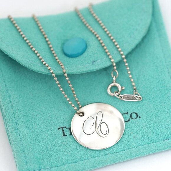 Tiffany & Co. Letter E Disc Round Ball Chain Necklace 17" Silver 925 Auth w/Bag - Picture 1 of 7